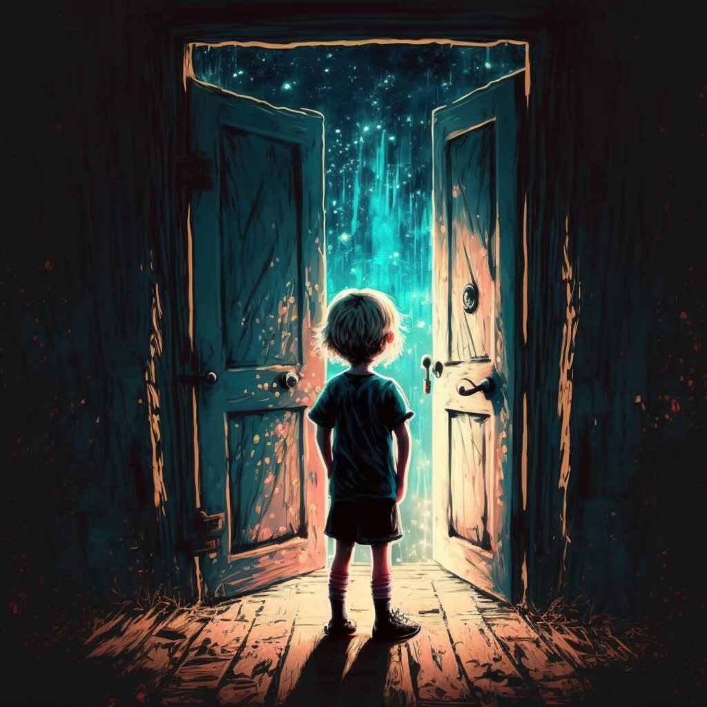 child standing in a dark place and opening a door lit from within, digital art style, illustration painting, fantasy concept of a child near portal to other world