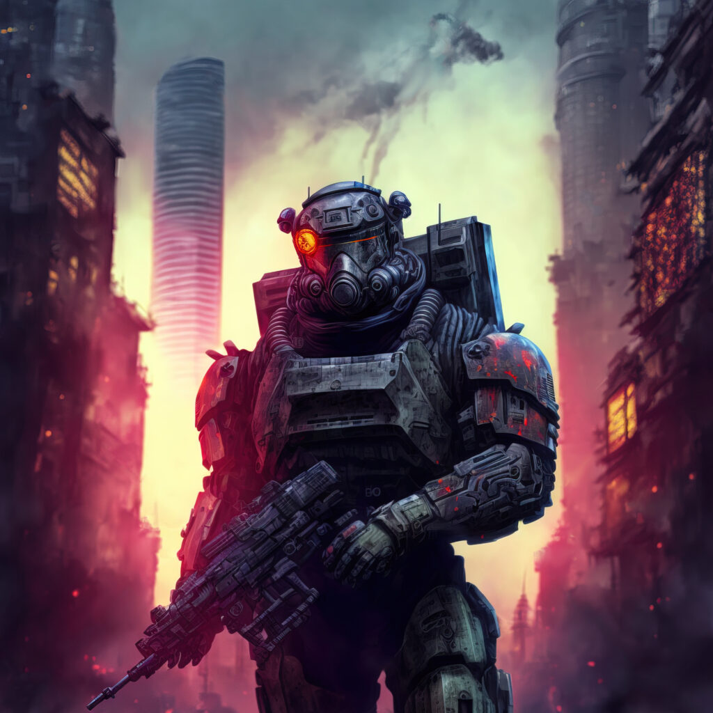 Cyberpunk soldier city warfare - digital illustration of science fiction military robot warrior patrolling war torn dystopian streets