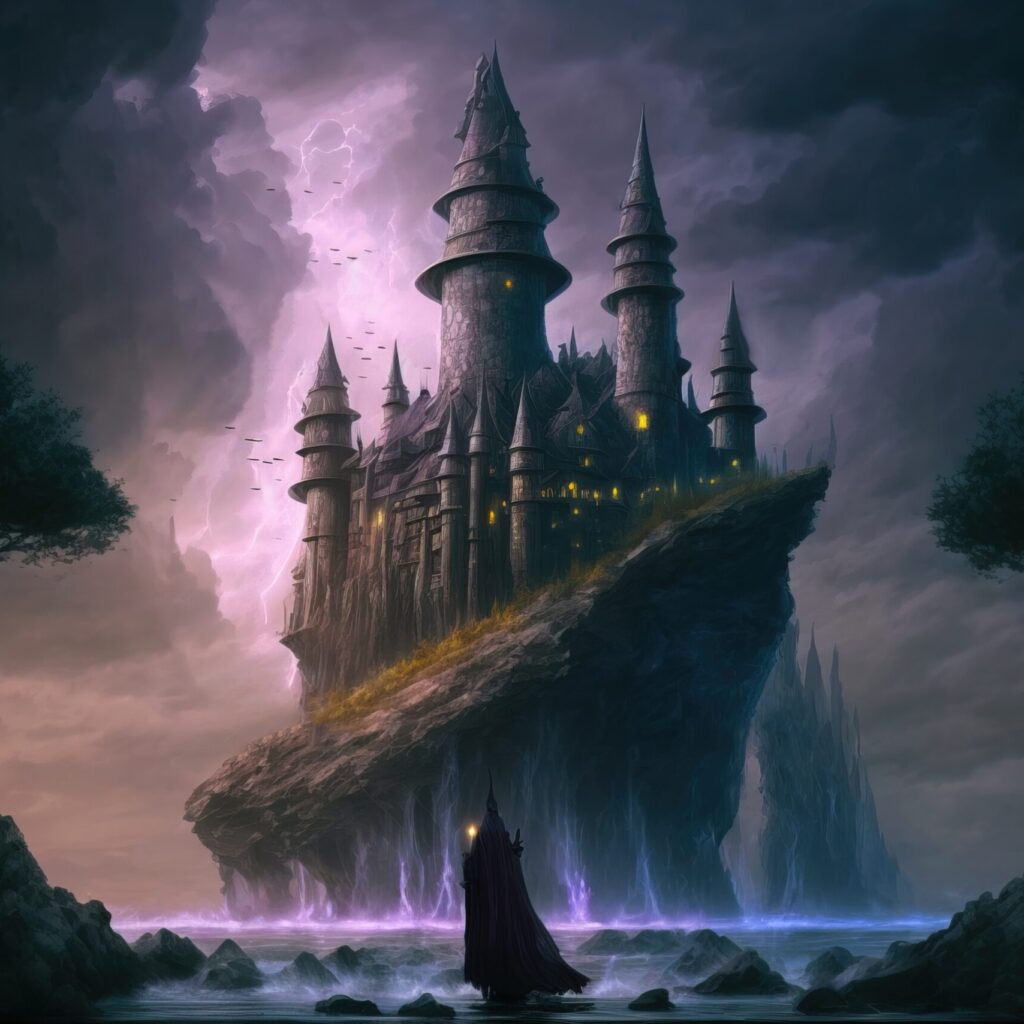 Magical flowing castle, digital illustration.